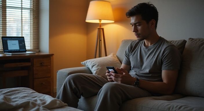 Een jonge man in loungewear kijkt nerveus naar zijn smartphone. Een jonge man in loungewear kijkt naar zijn smartphone.