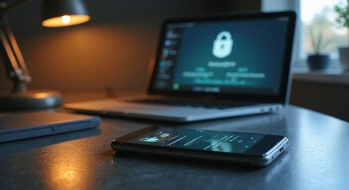 Slimme telefoon op bureau toont privacy-instellingen en beveiligingsinterfaces. Slimme telefoon op bureau toont privacy-instellingen en beveiligingsinterfaces.