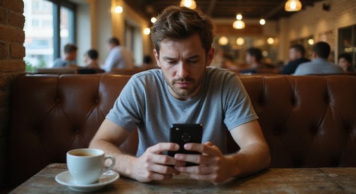 Een man zit gespannen in een café met zijn smartphone. Een man zoekt op zijn smartphone naar gay sexcontact.
