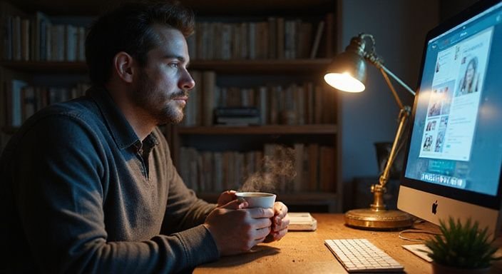 Een man zit stil met een mok in zijn hand, peinzend. Een man zit stil met een mok in zijn hand en zoekt gay sexcontact.