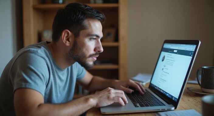 Een man in zijn twenties verdiept in een datingapp op zijn laptop. Een man in zijn twenties verdiept in een datingapp voor gay sexcontact op zijn laptop.