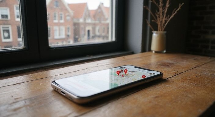 Smartphone met datingapp en stadszicht op een eiken bureau. Smartphone met datingapp envoor gay sexcontact.