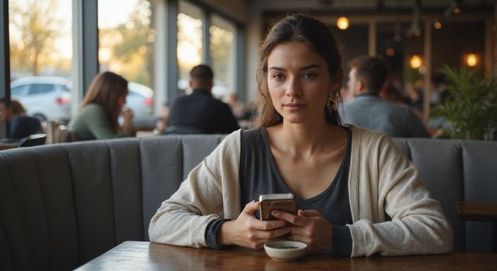 Jonge vrouw zit ontspannen in een minimalistisch café met een smartphone. Jonge vrouw zit ontspannen in een minimalistisch café met een smartphone.