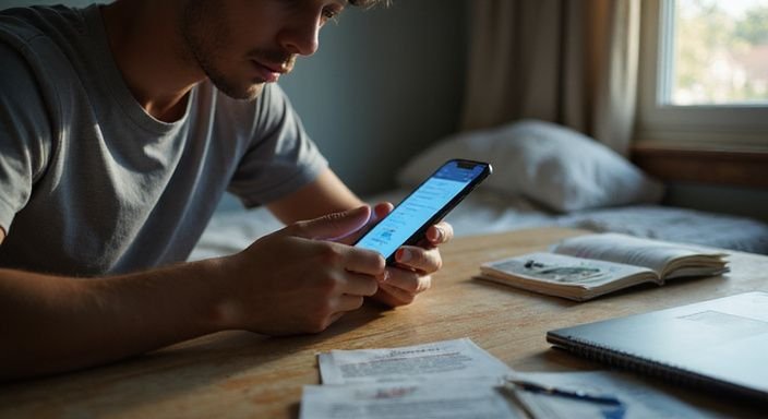 Een jonge volwassene onderzoekt privacy-instellingen op hun smartphone. Een jonge volwassene onderzoekt privacy-instellingen op hun smartphone.