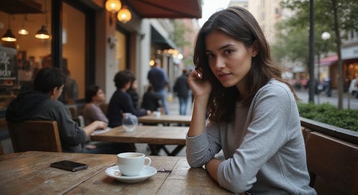 Een jonge vrouw zit contemplatief aan een cafétafeltje in de stad. Een jonge vrouw zit contemplatief aan een cafétafeltje in de stad.