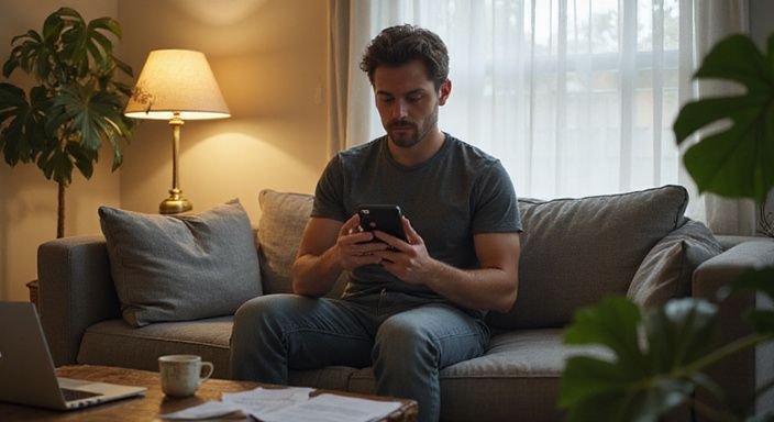 Een man verdiept in zijn smartphone op een grijze bank. Een man verdiept in zijn smartphone op zoek naar gay sexcontact