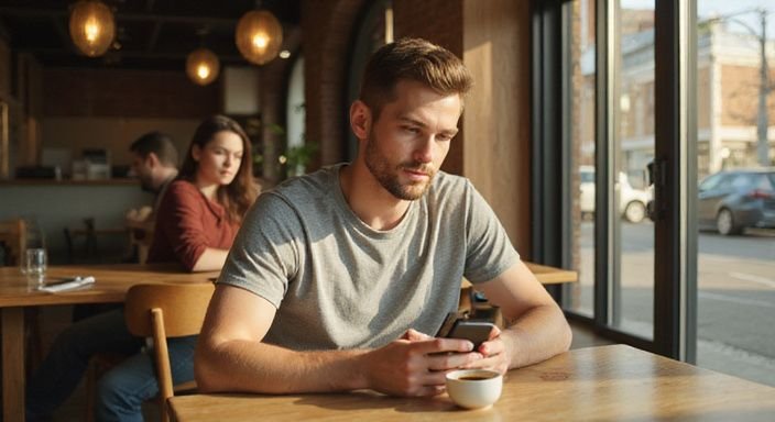 Een man in een koffiebar kijkt geconcentreerd naar een datingapp voor homo sexdating.
