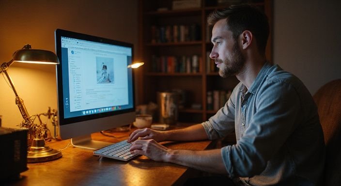 Een man werkt geconcentreerd aan een datingapp op zijn computer.
