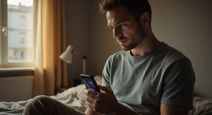 Een man kijkt geconcentreerd naar een datingapp voor Homo sexdating op zijn telefoon.