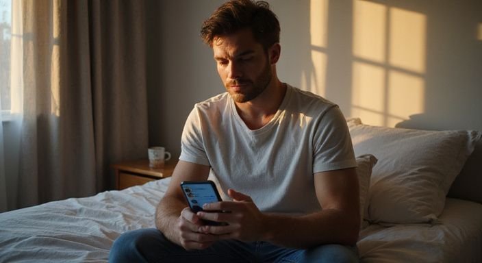 Een man zit geconcentreerd op de rand van een bed.