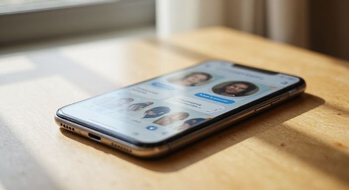 Een smartphone ligt op een houten bureau met een datingapp zichtbaar.
