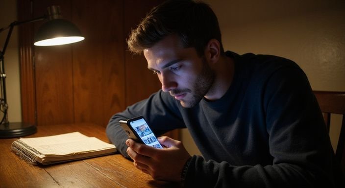 Een man is gefocust op een datingapp op zijn smartphone.