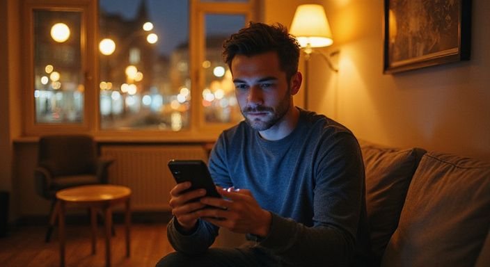 Een man zit contemplatief op een minimalistische bank in een appartement.