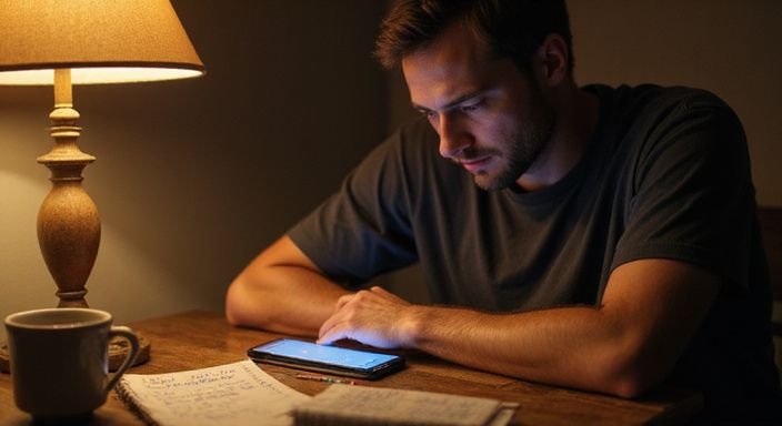 Een man kijkt geconcentreerd naar zijn smartphone op een bureau.