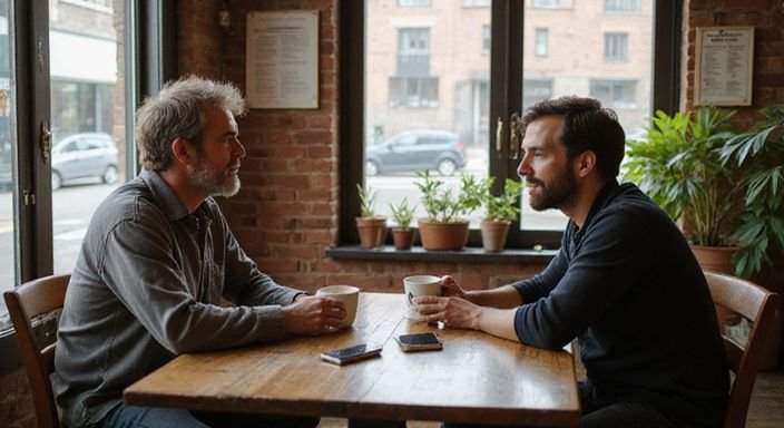Twee mannen in een café tonen oprechte betrokkenheid tijdens gesprek