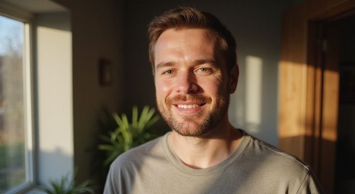 Een man in zijn late twintig met een ontspannen glimlach.