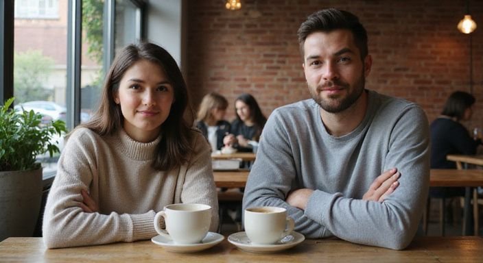 Twee volwassenen op een eerste date in een gezellige koffiezaak.