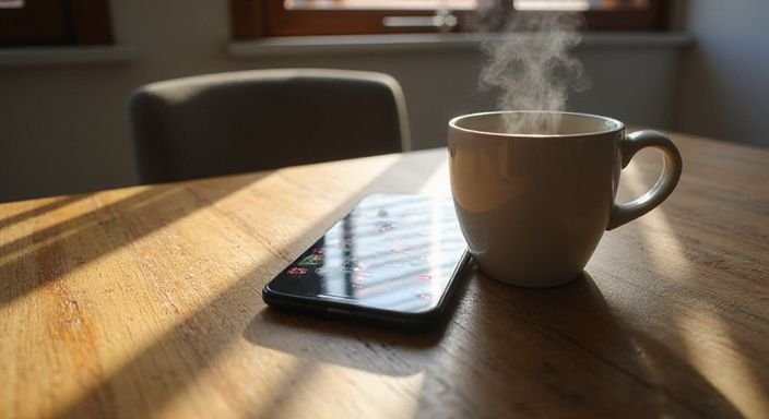 Een smartphone en een koffiemok op een verweerd eiken bureau.