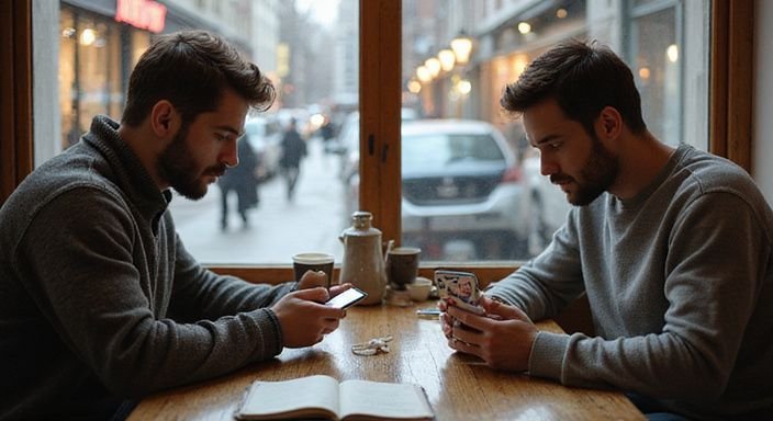 Twee mannen in café, geconcentreerd op datingapps op hun smartphones.