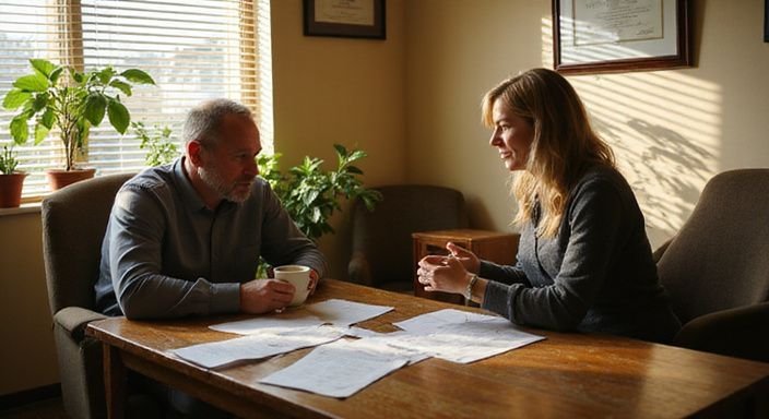 Een counseling sessie tussen een man en vrouw in een kantoor.