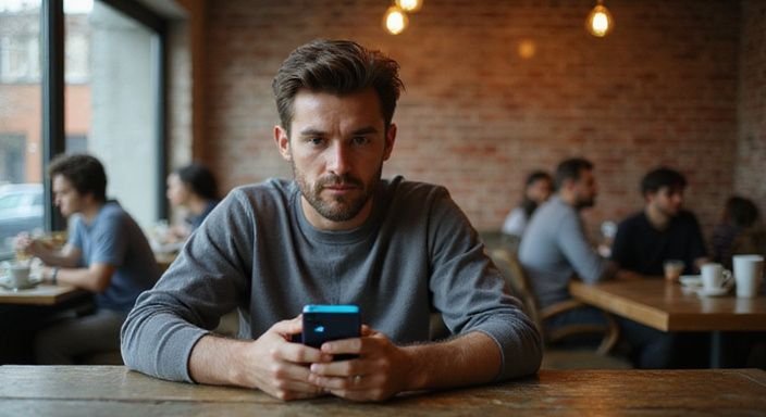 Een man in een café, verdiept in een datingapp.