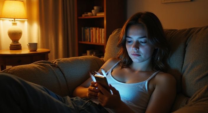 Een persoon zit ontspannen op een versleten bank en kijkt naar een smartphone.