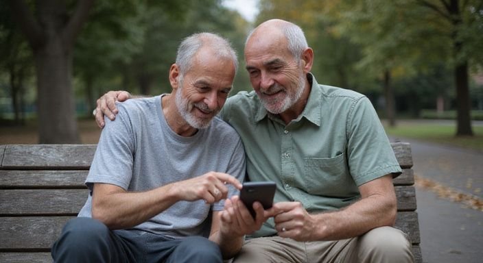 Twee mannen genieten van een moment samen op een bank.
